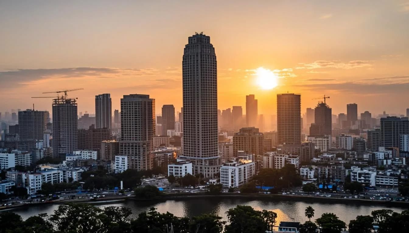 Long-view investment counsel — the Mumbai skyline held over a considered horizon